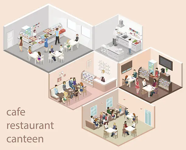 Vector illustration of Isometric flat 3D concept vector interior cafe, canteen, restaurant kitchen.