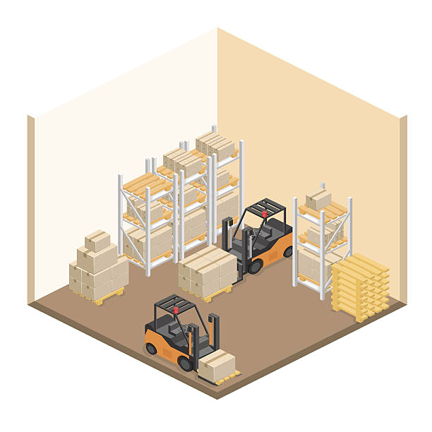 Isometric flat 3D concept vector warehouse outside isometric interior of warehouse. The boxes are on the shelves. Flat 3d illustration. stacking food containers stock illustrations