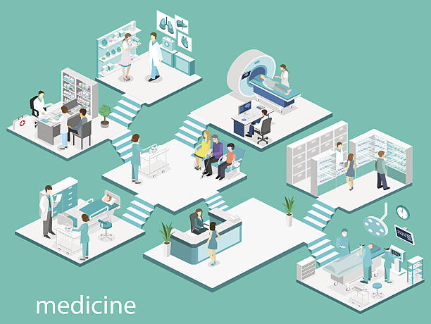 병원실, 약국, 의사사무실의 등각평면 인테리어, - medical equipment mri scanner hospital mri scan stock illustrations