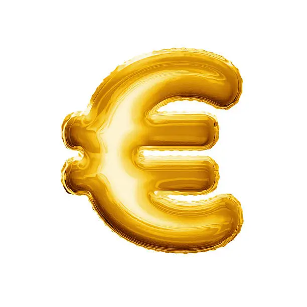 Balloon Euro currency symbol. Realistic 3D isolated gold helium balloon abc alphabet golden font text. Special sign decoration element for birthday or wedding greeting design on white background