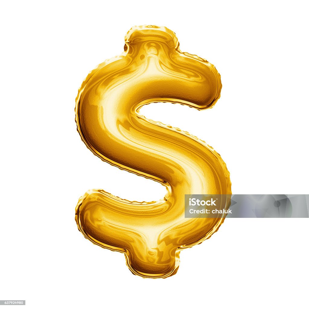 Balloon Dollar currency symbol 3D golden foil realistic Balloon Dollar currency symbol. Realistic 3D isolated gold helium balloon abc alphabet golden font text. Special sign decoration element for birthday or wedding greeting design on white background Dollar Sign Stock Photo