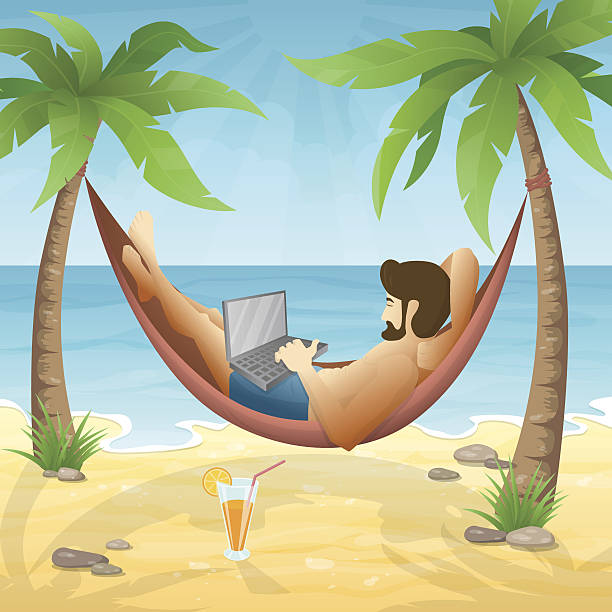 ビーチでフリーランサー - hammock relaxation palm tree outdoors点のイラスト素材／クリップアート素材／マンガ素材／アイコン素材