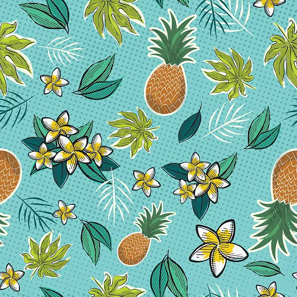 Vector illustration of Seamless Pattern Of Retro Inspired Tropical Luau Flowers And Leaves