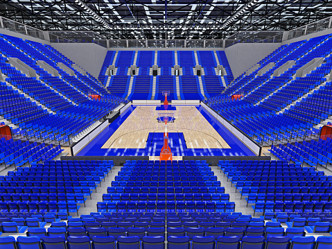 3D render of beautiful sports arena for basketball with floodlights and blue seats and VIP boxes for ten thousand people