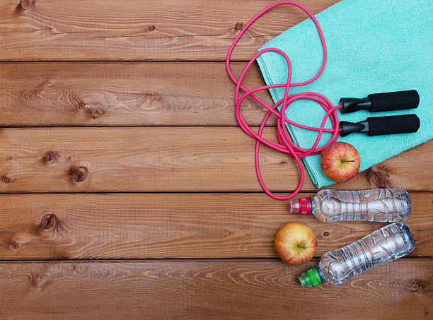 istock Bottle with towel, water apples and skipping rope 637929334