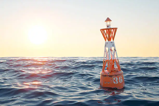 Buoy in the open sea on the sunset background. 3d render