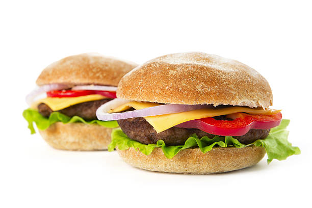 istock Two fresh burgers isolated on white background 637932976