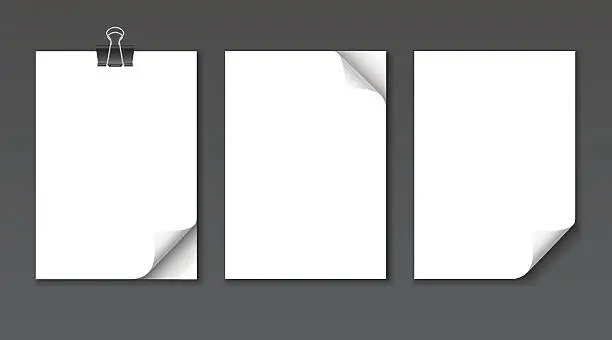 Vector illustration of Close up empty paper sheets with curled corner mockup set.
