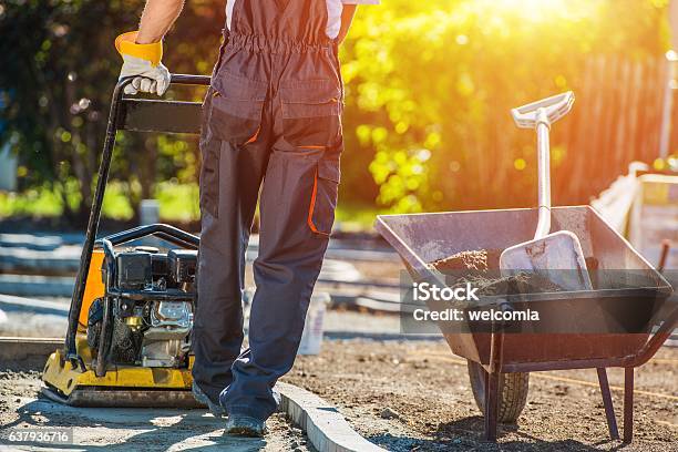 Brick Path Construction Stock Photo - Download Image Now - Yard - Grounds, Paving Stone, Construction Industry