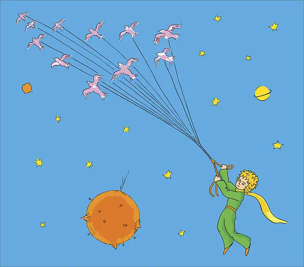 Vector illustration of The little Prince flying with birds