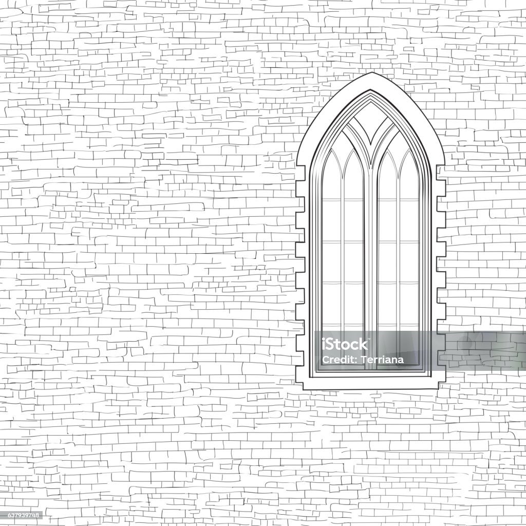 Ancient brick wall background with gothic window. Shabby brick w Ancient brick wall background with gothic window. Shabby brick wall sketch pattern Architectural building facade Black And White stock vector