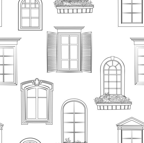 ilustrações, clipart, desenhos animados e ícones de padrão da janela. estilo arquitetônico diferente de janelas doodle - old ancient past architecture