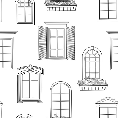 Window pattern. Different architectural style of windows doodle sketch seamless ornamental background