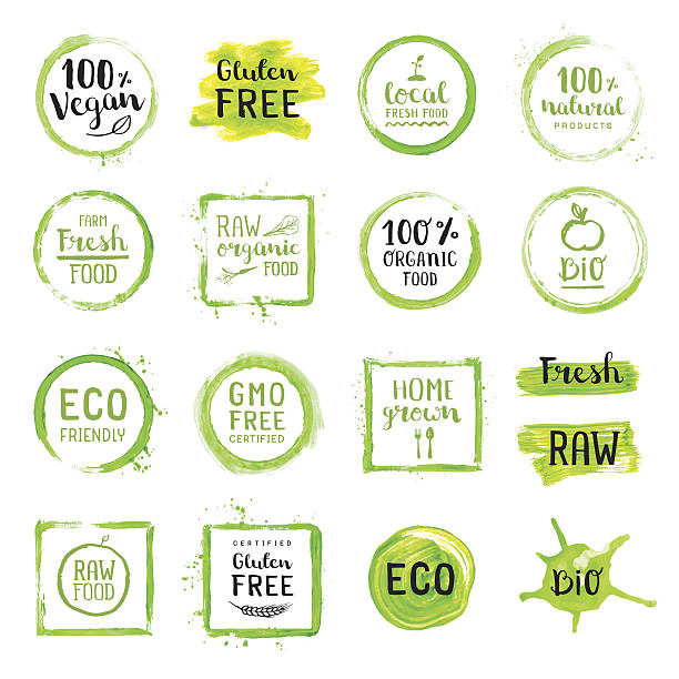 Organic food painted green labels Set of editable vector labels on layers. genetically modified food stock illustrations