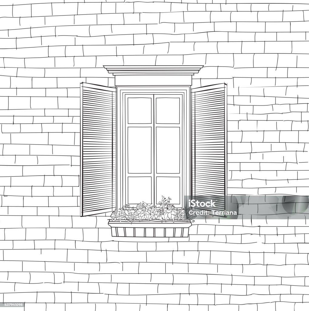 House with classical window engraving background. Shabby brick w House with classical window engraving background. Shabby brick wall sketch pattern Building facade Window stock vector