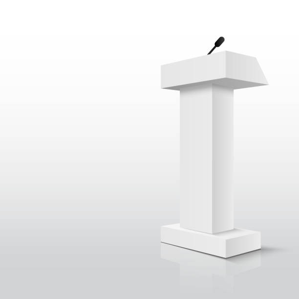 istock Vector White Podium Tribune Rostrum Stand with Microphones Isolated 637942654