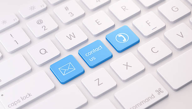 Modern White Keyboard wih Three Blue Colored Contact Us Buttons
