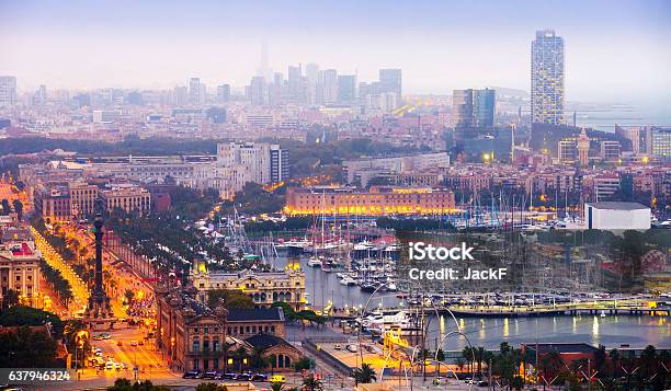 View To Barcelona And Port Vell In Evening Stock Photo - Download Image Now - Barcelona - Spain, Business, Architecture