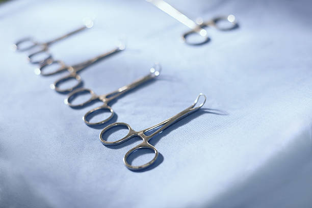 istock Surgical tools organized in a row on operating room tray 637947266