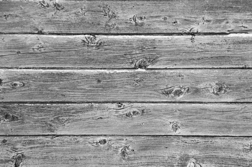 Background landcsape oriented image of 5 grunge peeled silver grey weathered barn boards with remannts of paint in balck and white  Small ledges of snow on this outdoor image.