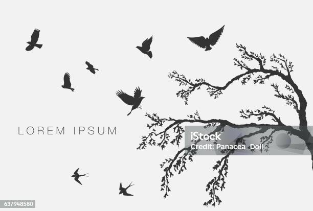 Flying Birds On Tree Branch Stock Illustration - Download Image Now - Bird, In Silhouette, Tree