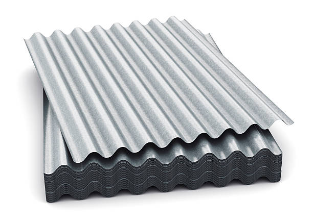 Group of wave shaped zinc-plated metal sheets Creative abstract  3D render illustration of the stack or group of stacked metal steel zinc-plated or galvanized wave shaped profile sheets for roof and roofing construction industry isolated on white background galvanized stock pictures, royalty-free photos & images