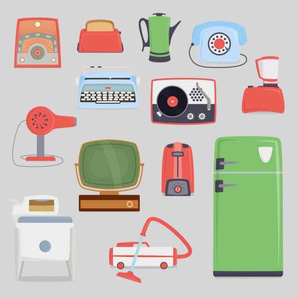 Retro vintage household appliances vector. Retro vintage household appliances vector symbols. Kitchenware antique technology utensil symbols. Housework electric equipment domestic design. kitchen utensil antique toaster old stock illustrations