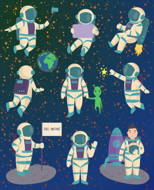 ilustraciones, imágenes clip art, dibujos animados e iconos de stock de pose del carácter del astronauta del vector. - surveillance world map globe planet