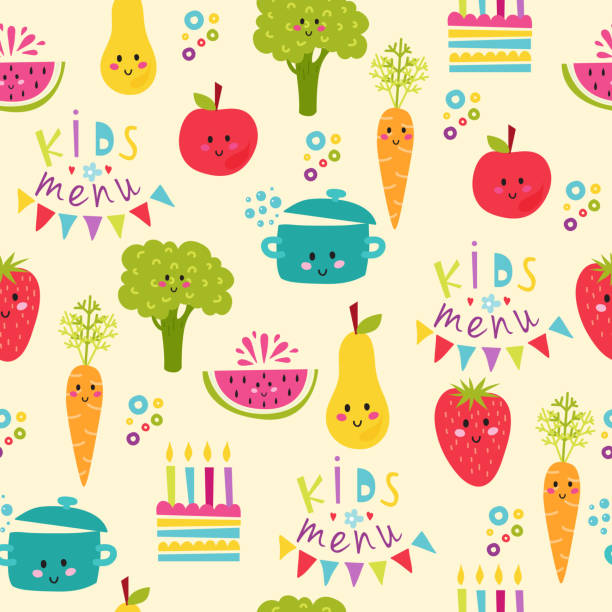 Kids food menu background vector illustration Seamless background with fruits and vegetables on white. Flat design kids food restaurant lunch happy fun pattern. Vector illustration cook concept dinner template. chef patterns stock illustrations