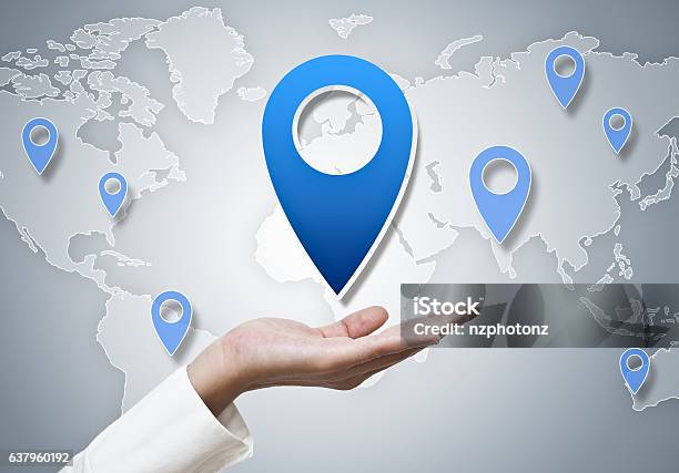 Worl Map With Location Pin Touch Screen Stock Photo - Download Image Now