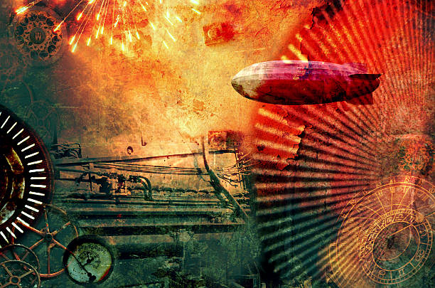 Vintage steampunk design background Vintage steampunk design background with airship, clocks, fireworks and steam engine elements. Grunge textured digital photo collage. steampunk style stock pictures, royalty-free photos & images