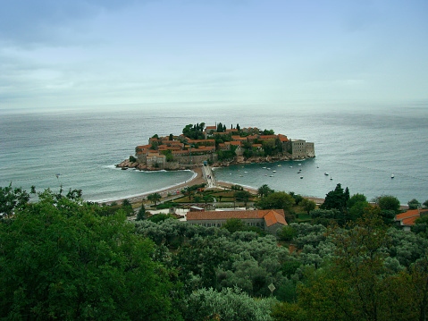 Island and Castle on the water. Sveti Stefan island.