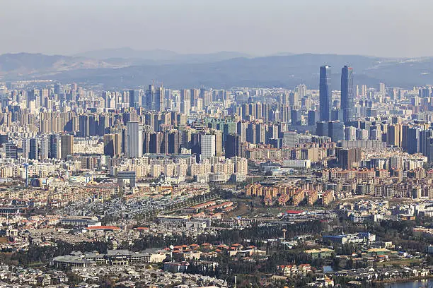 Aerial view of Kunming, the capital of Yunnan province in Southern China, from XiShan Western Hill