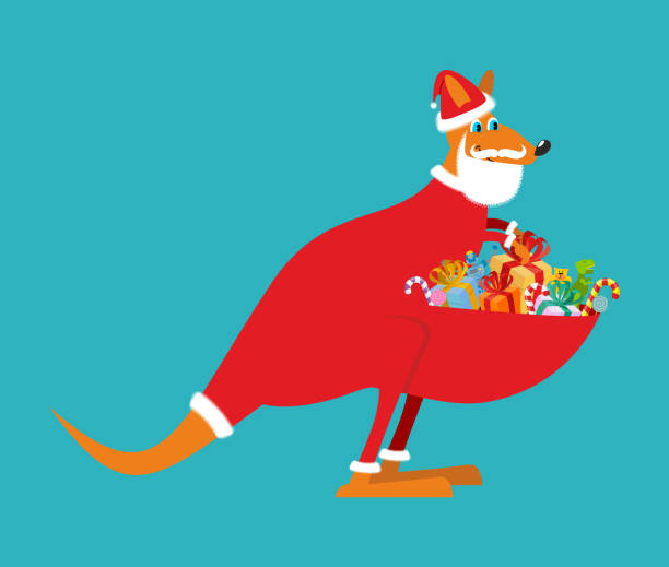 ilustrações, clipart, desenhos animados e ícones de canguru australiano papai noel. wallaby de boné de natal. presentes em ba - kangaroo animal humor fun