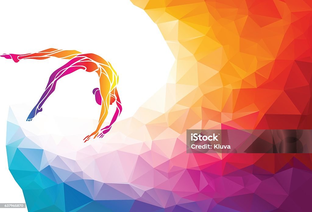Creative silhouette of gymnastic girl. Art gymnastics vector Creative silhouette of gymnastic girl. Art gymnastics, colorful vector illustration with background or banner template in trendy abstract colorful polygon style and rainbow back Gymnastics stock vector