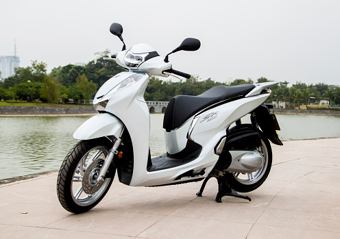 Moped parked by a green bush outside an apartment building