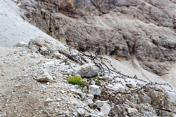 istock Rusty barbed wire and rocks in Sexten Dolomites mountains 637970244