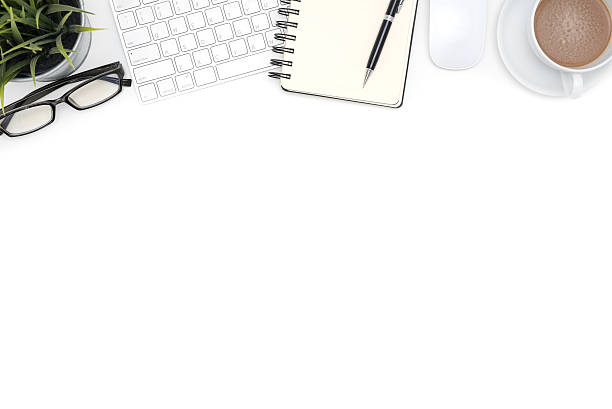 istock Office supplies with computer on white desk 637975238