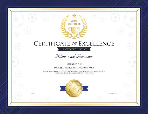 Sport theme certification of excellence template for football event Sport theme certification of excellence template for football competition match with gold trophy graduation gift stock illustrations