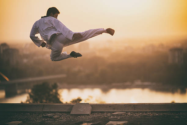 hábil artista marcial realizando fly kick al atardecer. - karate kicking tae kwon do martial fotografías e imágenes de stock