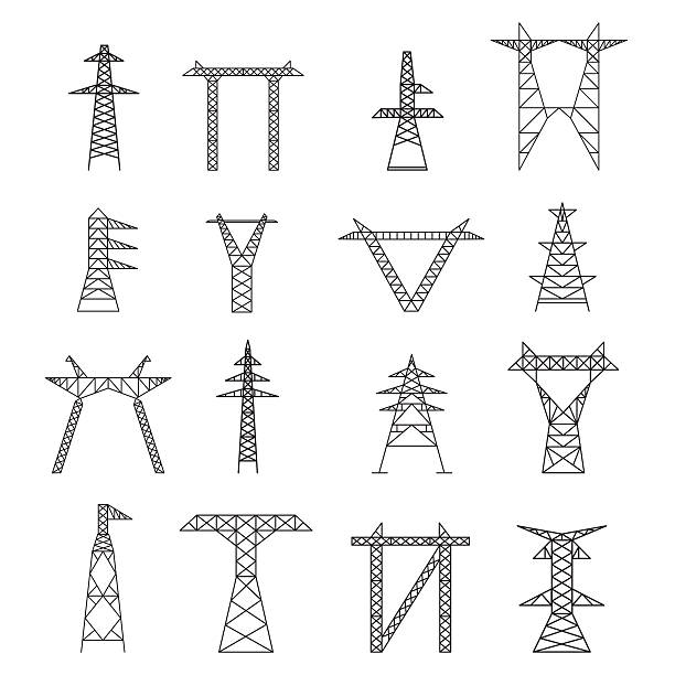 Silhouettes of High Voltage Electric Post Icon Set. Vector Silhouettes of High Voltage Electric Post Icon Set Thin Line Pixel Perfect Art. Material Design. Vector illustration electricity silhouettes stock illustrations