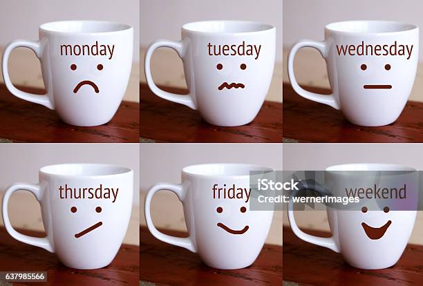 Six Cups With The Words Of Days Of The Week Stock Photo - Download Image Now - Afternoon Tea, Breakfast, Cafe