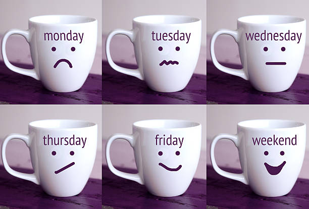 six cups with the words of days of the week six cups with the words of days of the week and drawn faces wednesday morning stock pictures, royalty-free photos & images