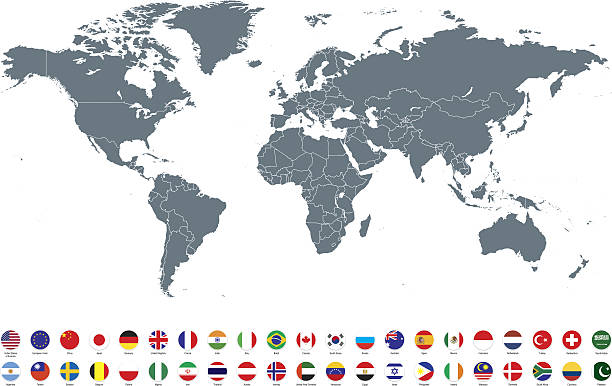 mapa szarego świata z najpopularniejszymi flagami na białym tle - argentina australia stock illustrations
