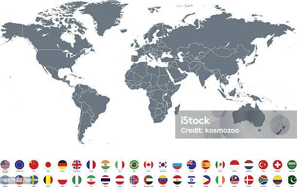 Grey World Map With Most Popular Flags Against White Background Stock Illustration - Download Image Now