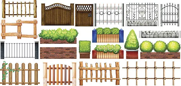 Vector illustration of Different design of fence and wall