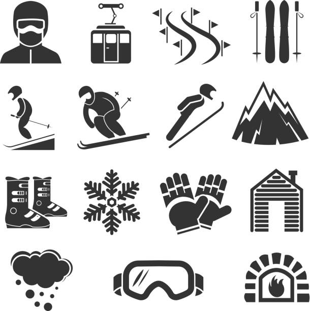 ilustraciones, imágenes clip art, dibujos animados e iconos de stock de iconos deportivos de la estación de esquí. señales del deporte del esquí de nieve del invierno - ski resort hut snow winter