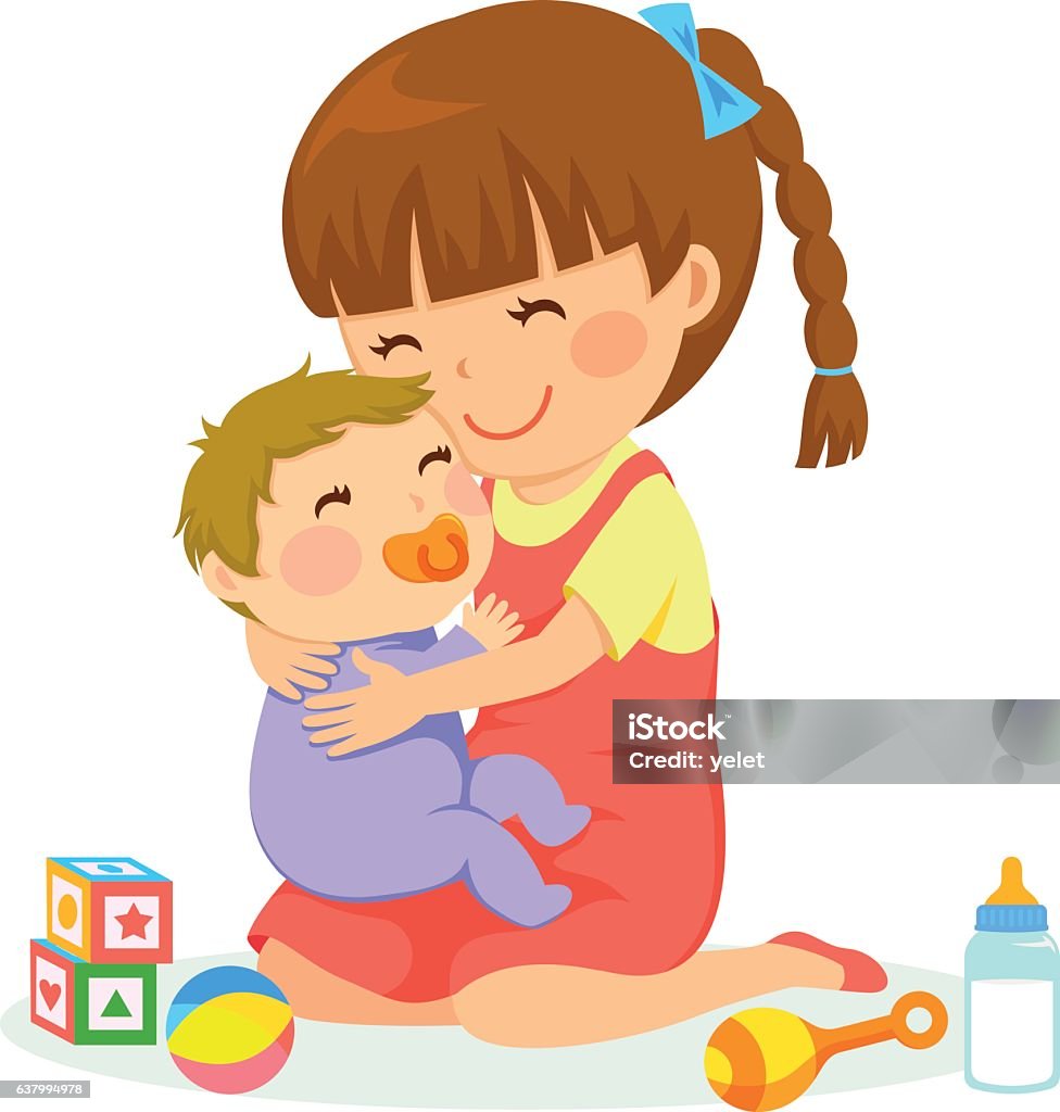 girl and baby little girl hugging a baby Brother stock vector