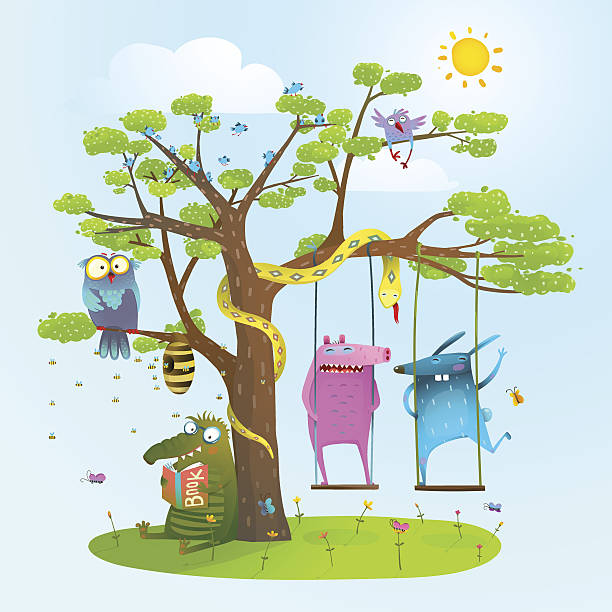 słodkie letnie zwierzęta przyjaciele bawią się pod drzewem, kołysząc się, czytając. - butterfly single flower vector illustration and painting stock illustrations