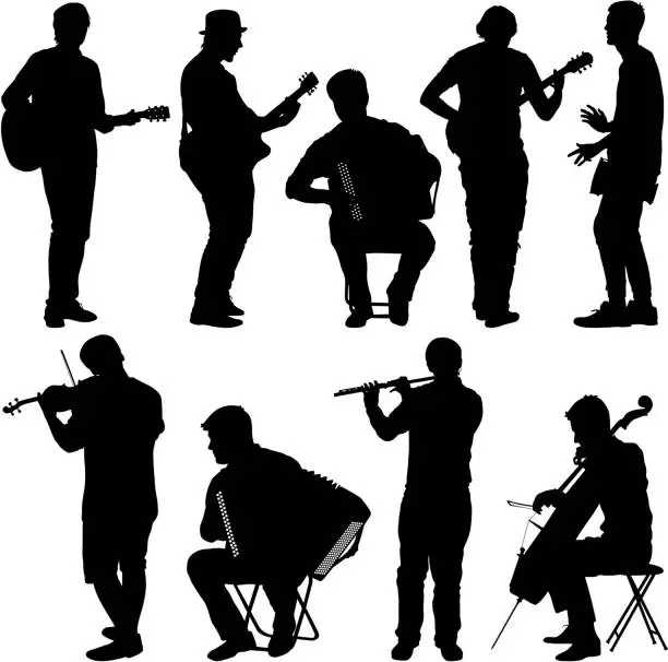 Vector illustration of Silhouettes street musicians playing instruments. Vector illustration